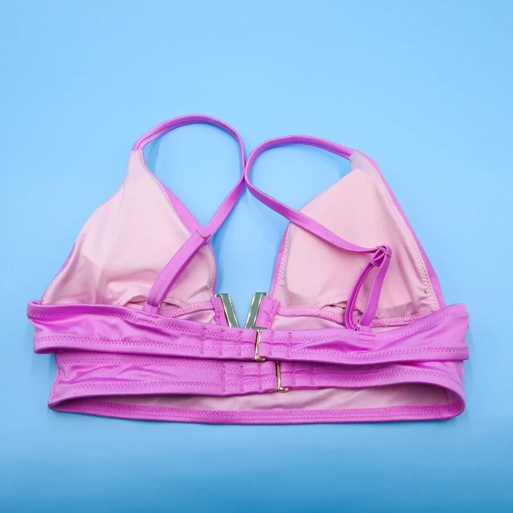 Victorias Secret Small Purple Silky Triangle Metal Bling Lined Padded Bikini Top